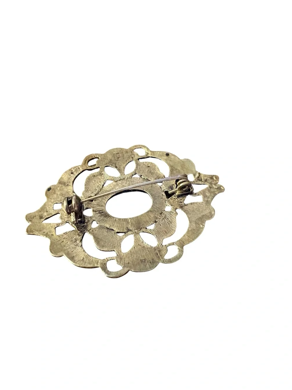 Vintage UV Reactive Blue Filigree Brooch Glow Glass Art Deco Brass Statement Pin